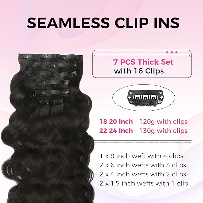Lashey Seamless Clip in Hair Extensions Human Hair 120g 7pcs Body Wave 20 Inch Natural Black Thick Remy Human Clip in Hair Extensions with Full End
