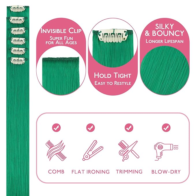 WENNALIFE Green Clip in Hair Extensions Real Human Hair 35g 6pcs 20 Inch Colored Hair Extensions for Kids Women Colorful Hair Pieces Pop-up Style Straight Extensiones De Cabello Humano Con Clip