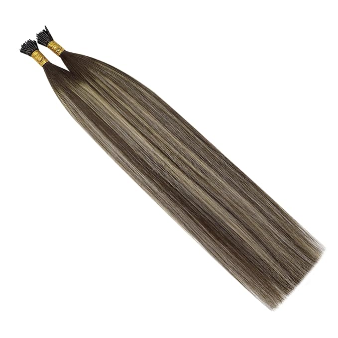 YoungSee I Tips Hair Extensions Balayage Human Hair I Tip Extensions Dark Brown with Ash Blonde Ombre Itip Hair Extensions 24 Inch I-Tip Extension Real Human Hair for Long Hair 50s 50g