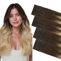 GOO GOO Invisi Edge Tape in Hair Extensions Human Hair, 4/18 Balayage Chocolate Brown Highlighted Dirty Blonde 10pcs injected with 10pcs classical tape ins, 18inch 50g, Virgin Remy Hair, Natural Look