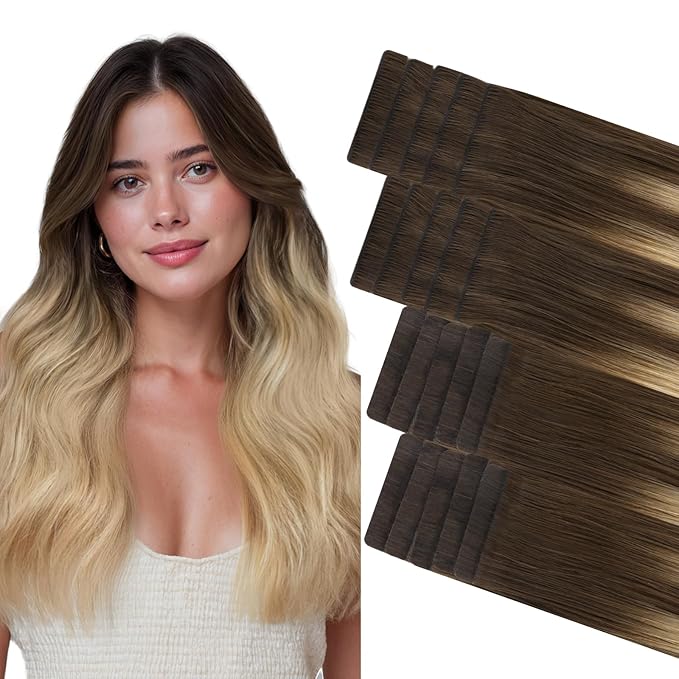 GOO GOO Invisi Edge Tape in Hair Extensions Human Hair, 4/18 Balayage Chocolate Brown Highlighted Dirty Blonde 10pcs injected with 10pcs classical tape ins, 18inch 50g, Virgin Remy Hair, Natural Look