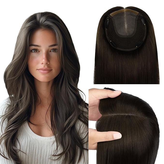 WORLDSTAR Human Hair Topper 360°3D Coverage Hairpieces Hand-stitched Real Hair Toppers for Women Add Volume,6 * 7 Inch Base 12Inch #2 Dark Brown,55g with Thinning Hair Upgrade Lace Base (tp#2-12)