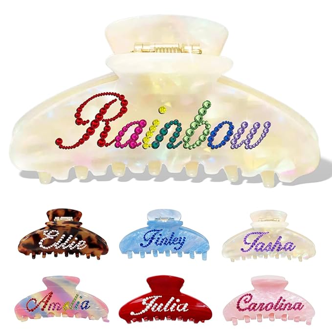 Personalized Colorful Name Hair Claw Clips for Women,Custom Hair Clips with Diamond,Cute Hair Accessories 4",Handmade Rhinestones Hair Clamp Gifts for Mom,Bride,Wife,Bridesmaid,Couples(Shell White)