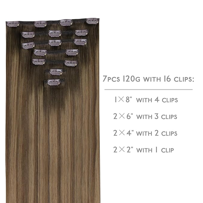 WENNALIFE Clip in Hair Extensions Real Human Hair, 20 Inch 120g 7pcs Human Hair Extensions Clip In Human Hair, Light Ash Brown to Warm Chocolate Highlighted Caramel Blonde Hair Extensions Clip In Real