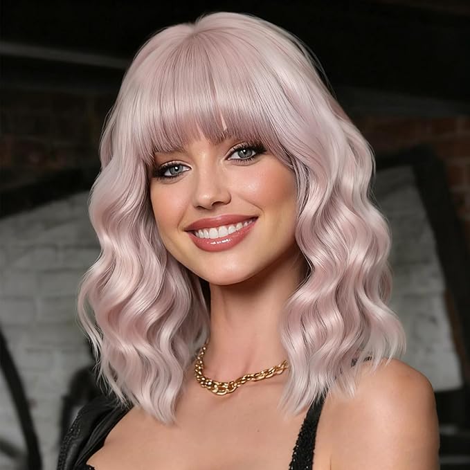Nnzes Short Wavy Bob Wig with Bangs for Women Shoulder Length Curly Light Pink Synthetic Heat-Resistant Fiber Hair for Daily & Party Use