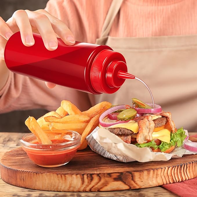 10 Pcs 32 oz Squeeze Bottle Large Plastic Wide Mouth Squeeze Bottles for Condiment Sauces Chocolate Ketchup Mustard BBQ Grill Restaurant (Red)