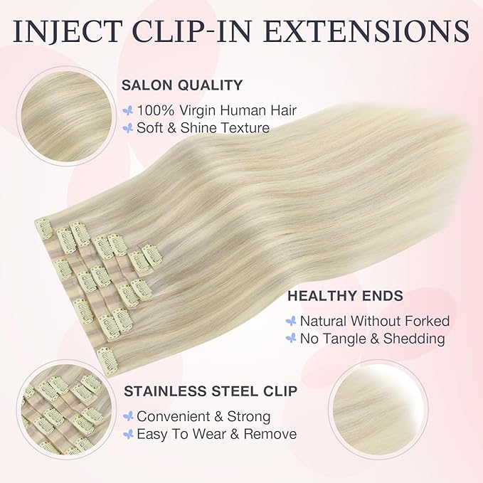 DOORES Clip in Hair Extensions Real Human Hair 14 inch 100g 7pcs Invisible Human Hair Extensions Clip ins, Injected Seamless PU Clipins Invisi Edge, 17/60 Ash Blonde Highlighted Platinum Blonde