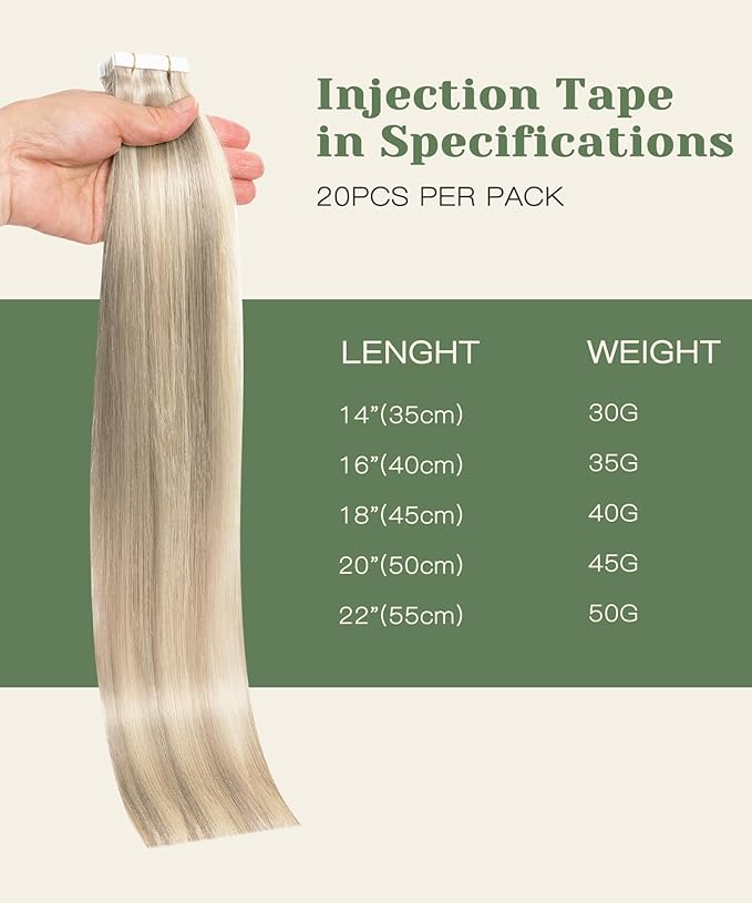 SURNEL Injected Tape in Hair Extensions 20Inch #18P60 Ash Blonde with Platinum Blonde Human Hair Seamless Invisible Tape in Extensions 20 Pcs 45g(#18P60,20)