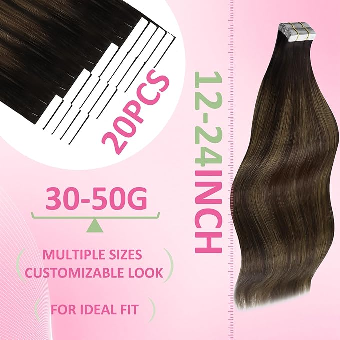 YoungSee Tape in Extensions Human Hair Balayage Tape in Hair Extensions Human Hair Dark Brown Mix Ash Brown Human Hair Tape-in Extension 22In Ombre Hair Extension Tape-in 20pcs 50g for Instant Length