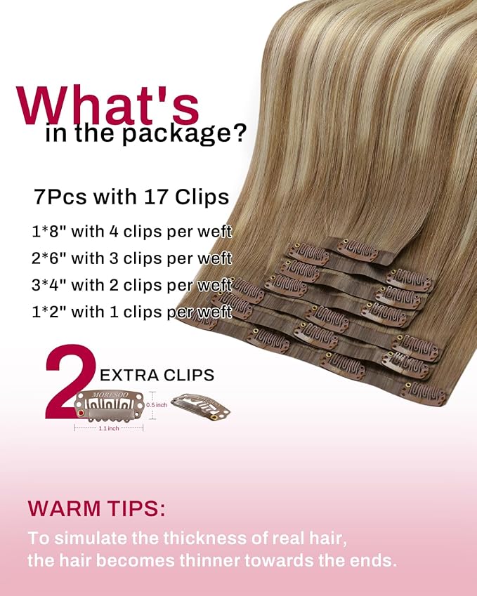 Moresoo Seamless Clip in Hair Extensions Balayage Human Hair Clip in Extensions Seamless Ombre Light Brown Mixed with Golden Blonde 7pcs/120g 18inch