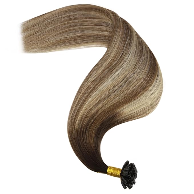 YoungSee U Tip Hair Extensions Human Hair Balayage 14In Utip Remy Hair Extensions Ombre Dark Brown to Brown with Blonde 50s/50g