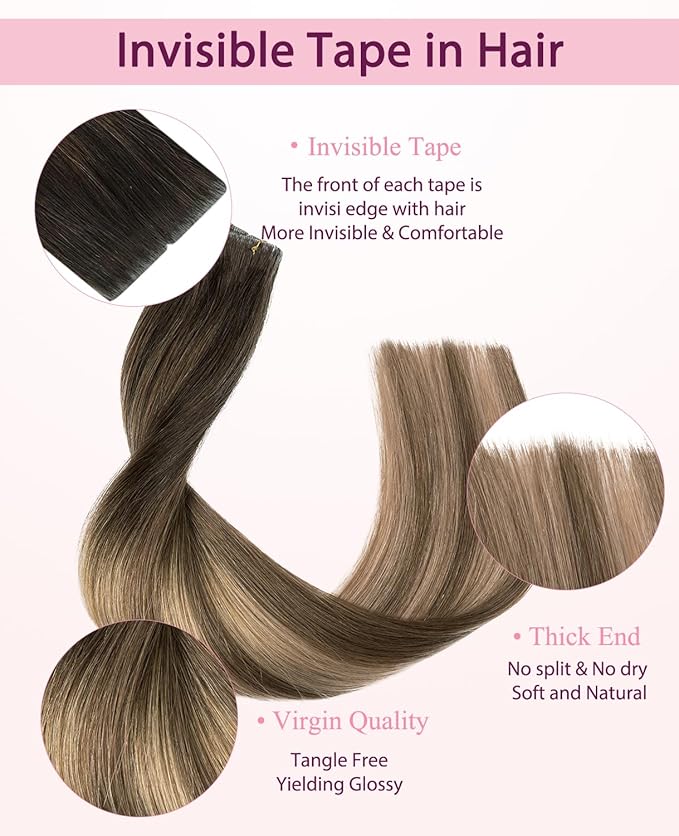 Pinkpearl Invisible Tape in Hair Extensions Human Hair, 20pcs 14inch 40g #2/6/18 Balayage Dark Brown to Chestnut Brown and Ash Blonde Injection Tape in Extensions Real Remy Human Hair Injected