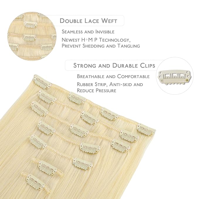 WENNALIFE Clip in Hair Extensions Real Human Hair, 22 Inch 120g 7pcs Human Hair Extensions Clip In Human Hair, Bleach Blonde Hair Extensions Clip In Real Hair Coloured Remy Human Hair Extensions