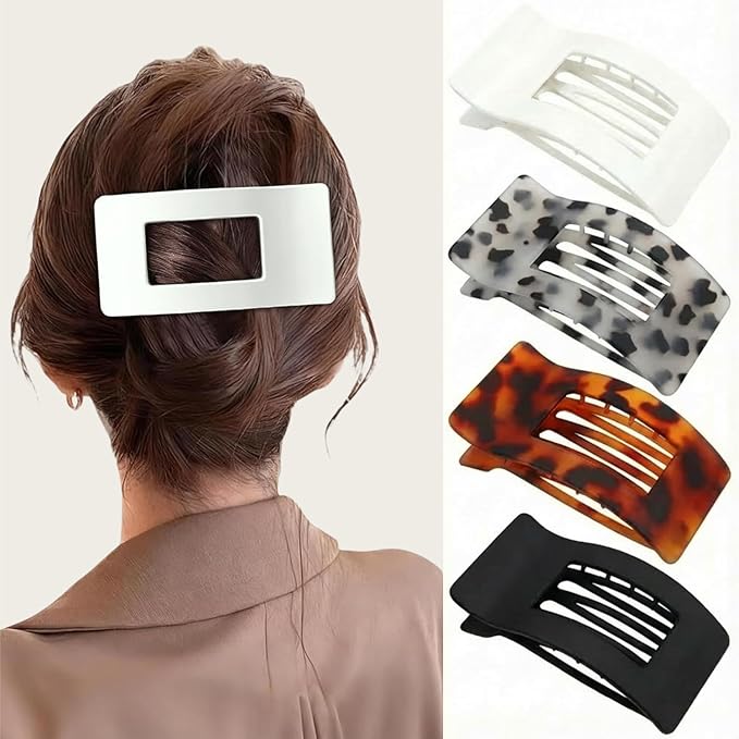 4 PCS Medium Flat Hair Clips Claw for Women, Non-slip Rectangular Lay Down Hair Clip for Thick Thin Hair Comfortable Hair Accessories for Driving, Lying, Exercising, Leopard Tortoise Shell Pattern