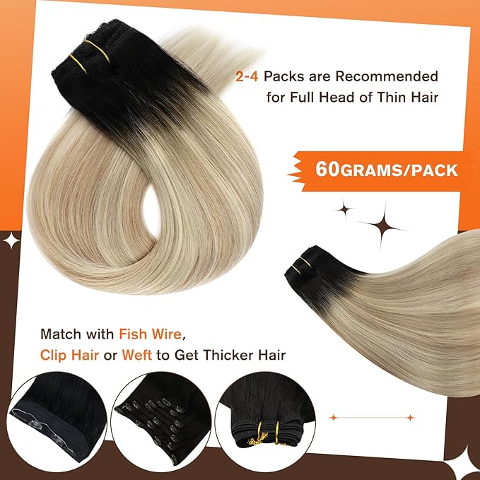 Full Shine Ombre Clip in Hair Extensions Brown Rooted to Ash Blonde and Platinum Blonde 14 Inch Real Hair Extensions Clip in Brown Ombre Ease of Use 3 PCS 60 G