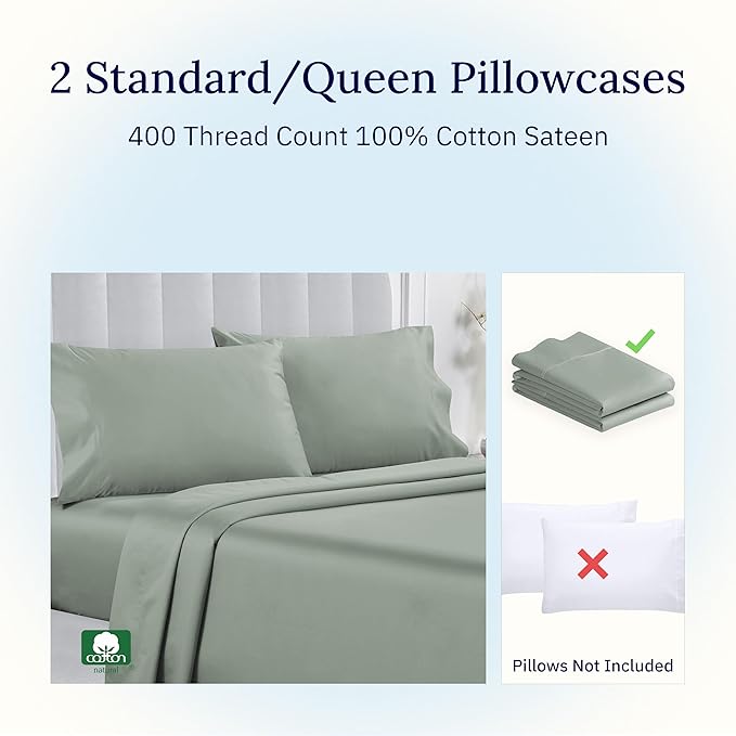 California Design Den Standard Queen Size Pillowcase Set - 400 Thread Count, 100% Cotton Sateen, Set of 2 Pillow Covers, Soft and Breathable - Sage Green