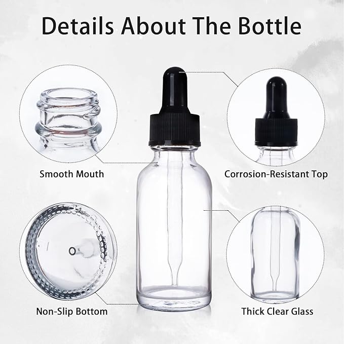 48 Pack 1oz Clear Glass Bottles with Glass Eye Droppers for Essential Oils, Perfumes & Lab Chemicals (Brush, Funnels, 2 Extra Droppers, 54 Pieces Labels & 30ml Measuring Cup Included)