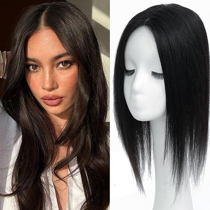 Hair Toppers for Women Real Human Hair 360° 3D Toppers with Thinning Hair Upgrade Middle Part Clip in Bangs Pieces for Women Daily (Black, 16 Inch-3D-Side)