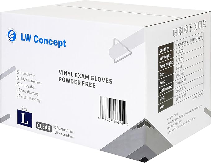 LW Concept Clear Vinyl Exam Gloves for Medical/Food Safe/Cleaning/Handling Use Multipurpose Latex & Powder Free, 3.5 mil (LW3003, Large, Case of 1000)
