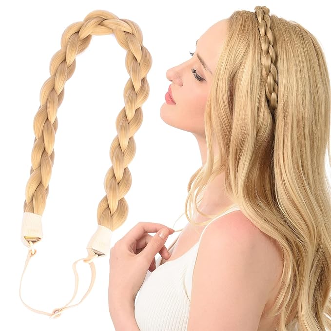 DIGUAN Chubby Narrow Synthetic Hair Braided Headband Classic Chunky Plaited Braids Elastic Stretch Hairpiece Women Girl Beauty accessory, 58g (Honey Blonde)