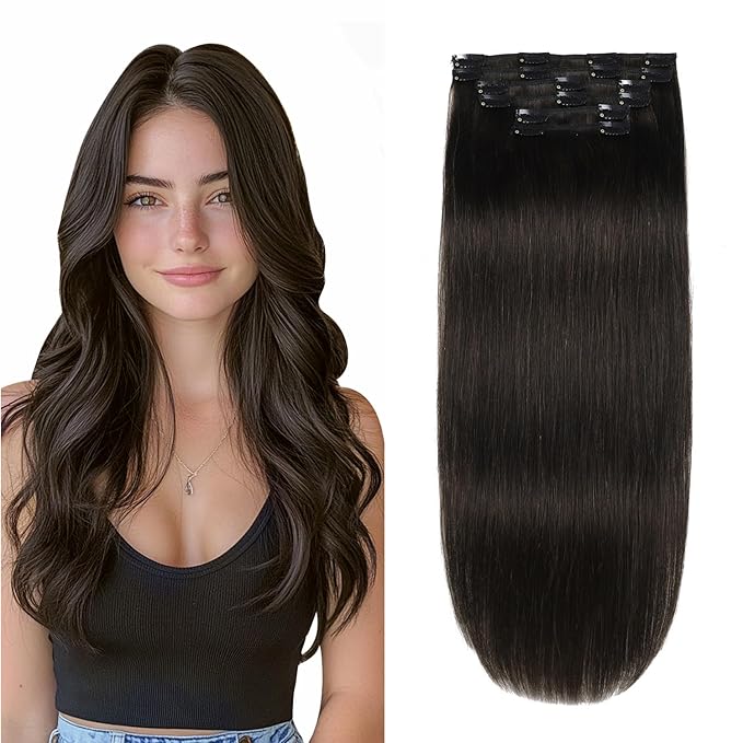 XDhair Clip in Hair Extensions Real Human Hair 18 Inch 120g Natural Straight Human Hair Clip in Extensions for Woman, Soft Straight 6pcs Per Set with 18 Clips Double Weft #1B