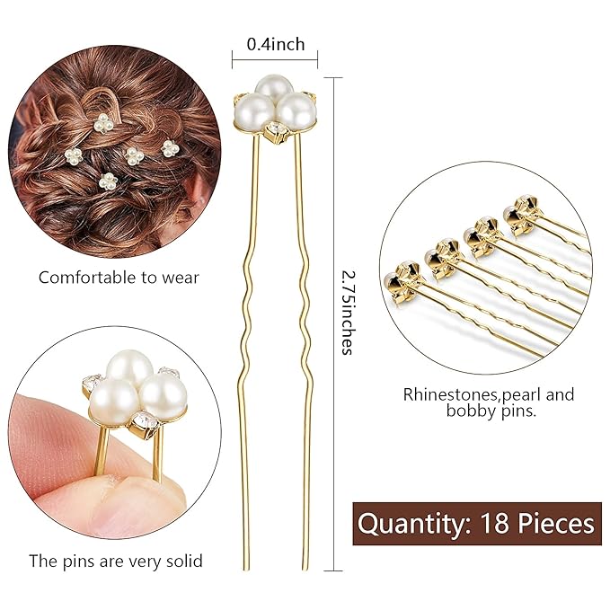 WILLBOND 18 Pcs Pearl Hair Pins Bridal Wedding Hair Accessories Crystal Bobby Pin for Brides Bridesmaids Flower Women Girls(Gold)