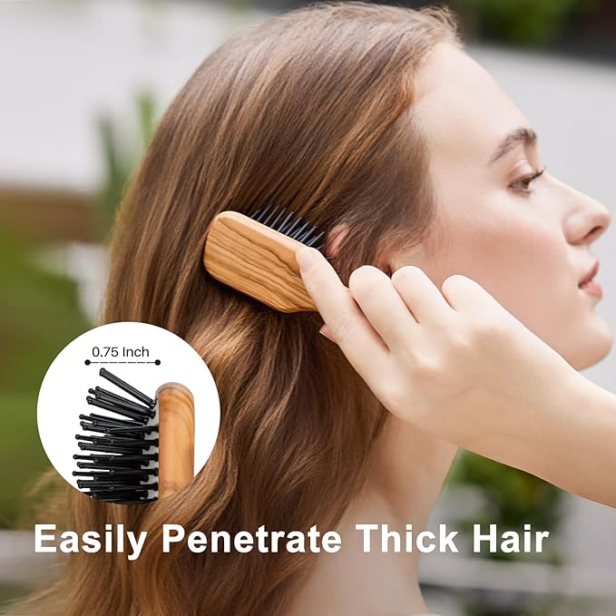 RHOS Mini Hair Brush for Women,Men and Kids-Travel Size Hair Brush for Purse,Pocket,backpack-Small Cushion Paddle Brush with Soft Bristles-Mini Detangler Brush for All Hair Types(1 Pack-Olive Wood)