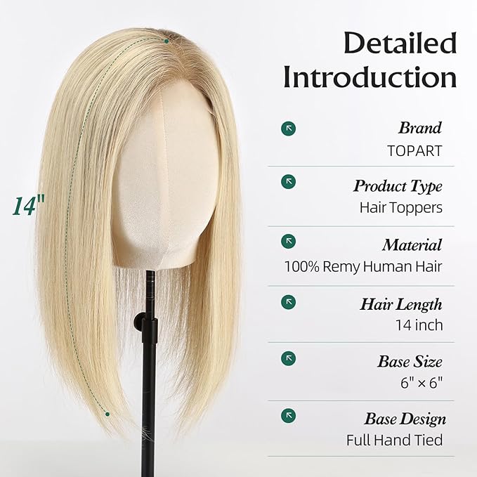 Full Hand Tied Hair Toppers for Women Remy Human Hair Lace Front Topper 14 Inch 6"×6" Partial wig Cover Thinning Hair or Loss No Bangs Top Hair Pieces (Blonde Mixed)