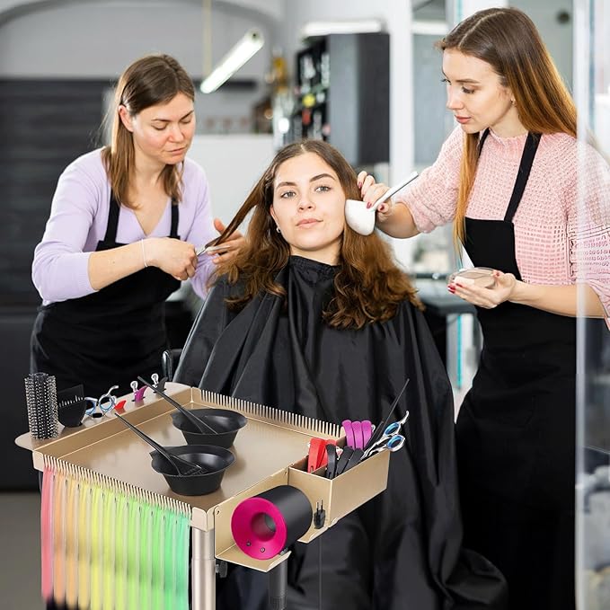 Hair Salon Carts, Champagne Gold Salon Tray for Hair Stylist, Multi-Function Salon Tray, Salon Station(with Wheels), Large Size and Robust,Corrosion-Resistant Adjustable Color Tray.