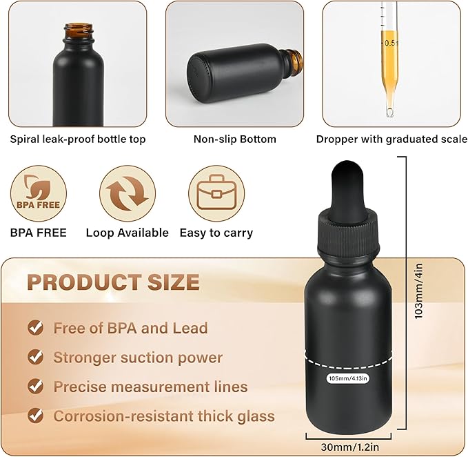 6 Pcs, 1oz Dropper Bottle, Black Glass Eye Dropper Bottle, Tincture Bottles with Dropper, Pretty Finish, Leak-Proof Design, Stronger Suction for All Kinds of Mixed Liquids