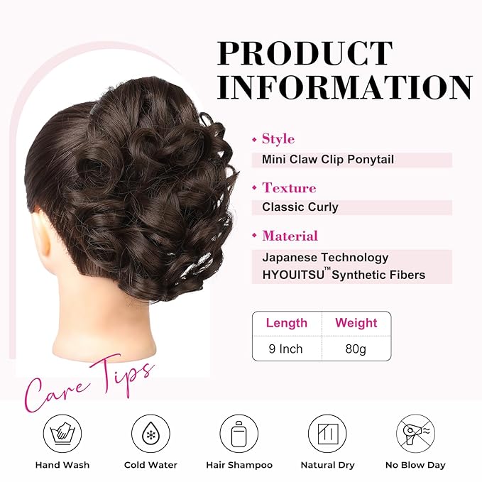 REECHO Ponytail Extension, 9" Claw Clip in Short Curly Wavy Pony Hair Extension Jaw Clip on Pony Tail HP001 Hairpiece for Women - Dark Chocolate Brown