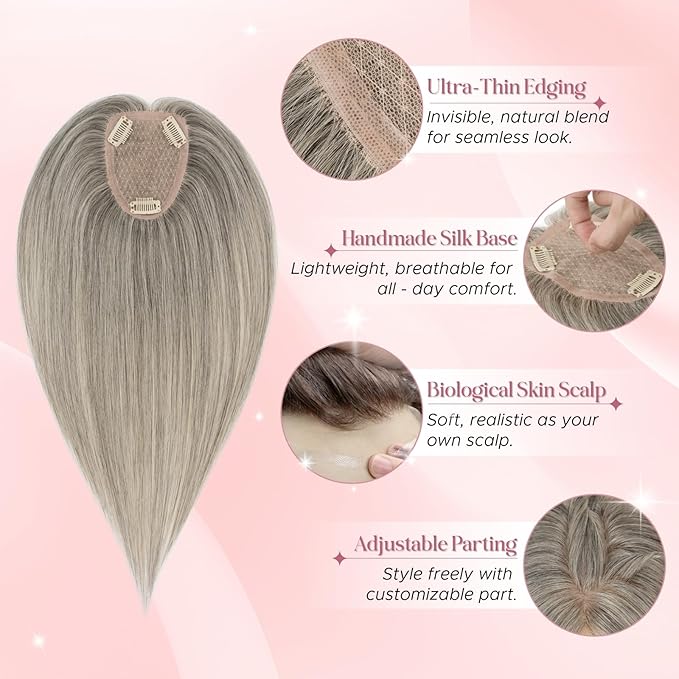Real Human Hair Toppers for Women 3.54"*4.72" Silky Base 150% Density No Bangs Adjustable Parting Clip-In Topper Hairpieces for Women with Thinning Hair 16 Inches White Mixed Natural Black