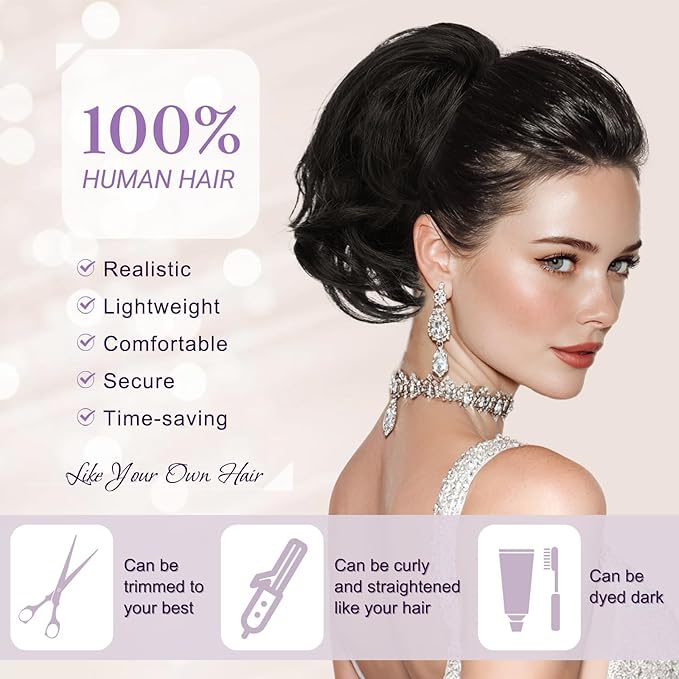 RUWISS Claw Clip Short Human Hair Ponytail Extension with Bendable Metals for DIY Styles Straight Messy Bun Hair Piece for Women Hairpieces for Daily Wear, 9 Inch Dark Grey Mixed Jet Black