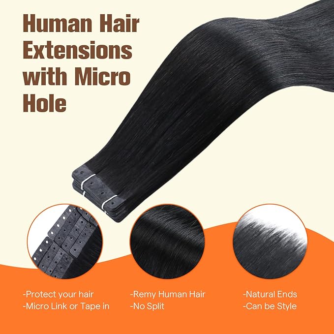 Full Shine Tape in Extensions Human Hair Color Jet Black Tape ins Human Hair Extensions Invisible Seamless 20PCS No Glue No Clips 50G 24Inch Tape ins Seamless Invisible PU Hair Extensions