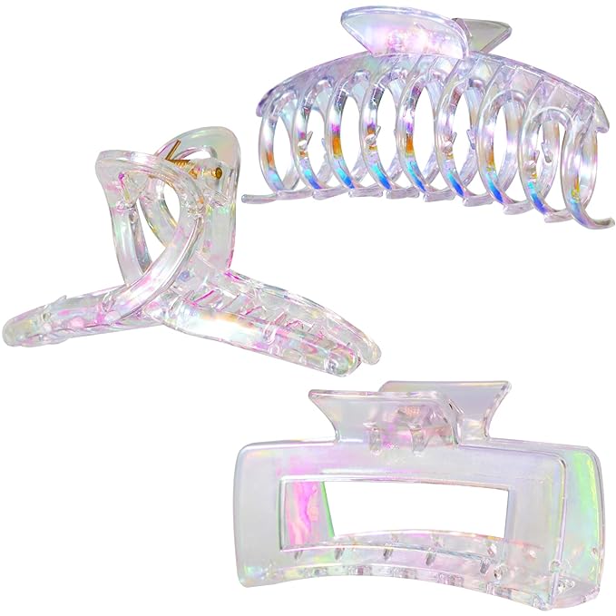 Hair Clips, Iridescent Clear Strong Jaw Claw Clips for Women Girls, Hair Accessories, 3 Pcs