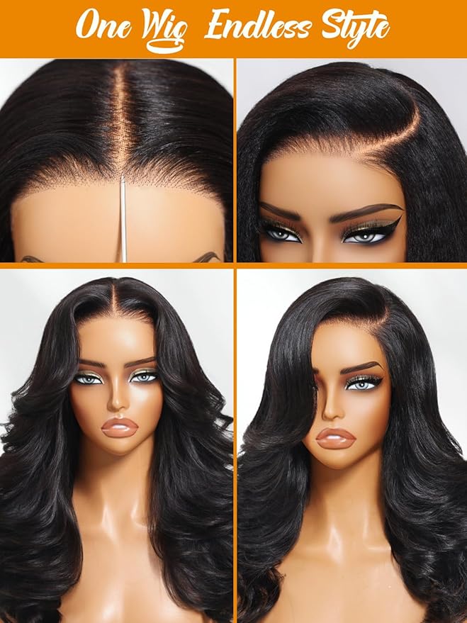 Julia Hair Bye Bye Slip Wig Feathered Layer Side Part Human Hair Wig 200% Density 7X5 Pre Cut Lace Closure Loose Body Wave Wigs Pre Everything Glueless with Secure Silicone Strips Drawstring 14 Inch
