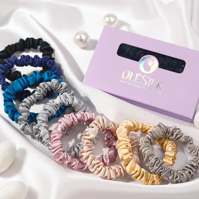 OLESILK Silk Hair Ties for Women: 100% Mulberry Skinny Silk Scrunchies, Soft Smooth No Damage No Crease for Thin Fine Curly Hair 5 Pack, Dark