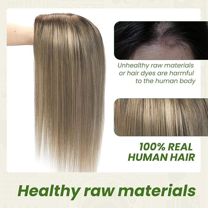 Hair Toppers for Women Real Human Hair, 6x7 inch Larger Silk Base 150 Density 75 grams 16inch Clip In Topper Hair pieces Dark Brown to Dirty Blonde Wiglet Top Pieces Add Volume（#2618 16inch）