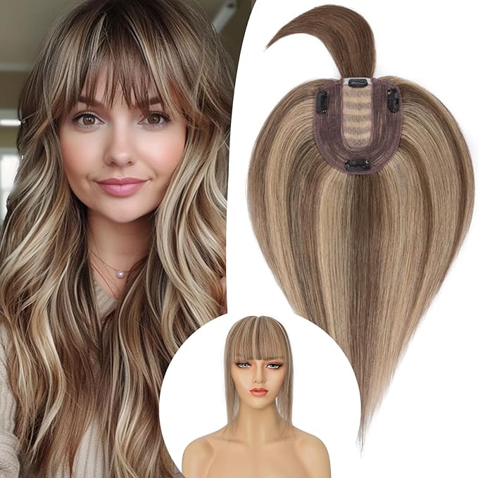 Rich Choices Real Human Hair Toppers for Women With Bang 100% Remy Human Hair Topper for Thinning Hair Clip in Silk Base Hair Topper 14 Inch #4P27 Medium Brown Mix Dark Blonde