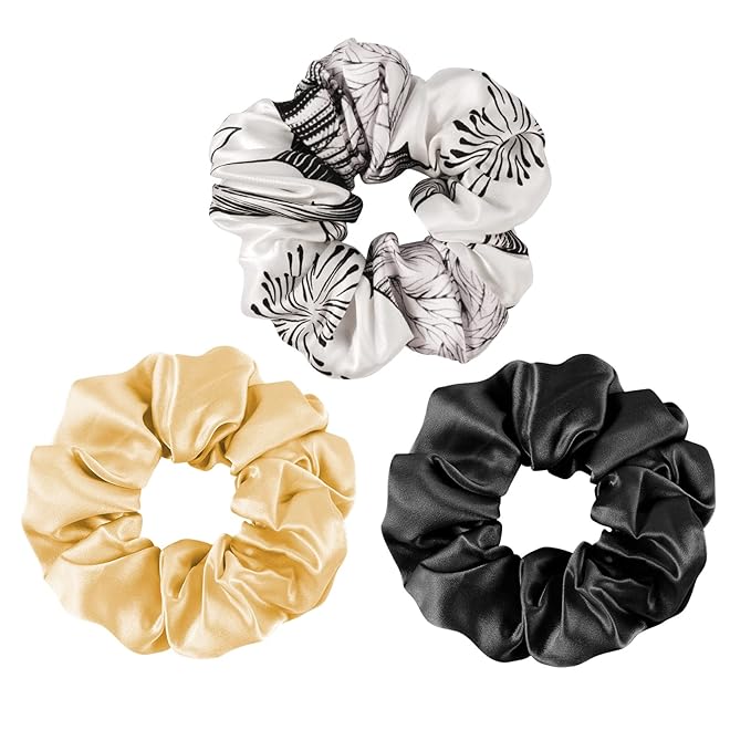 OLESILK 100% Mulberry Silk-Scrunchies for Hair Sleep, Women Grils Silk Hair Ties for Frizz & Breakage Curly Hair, No Damage, Elastics Ponytail Holder, 3 Pack