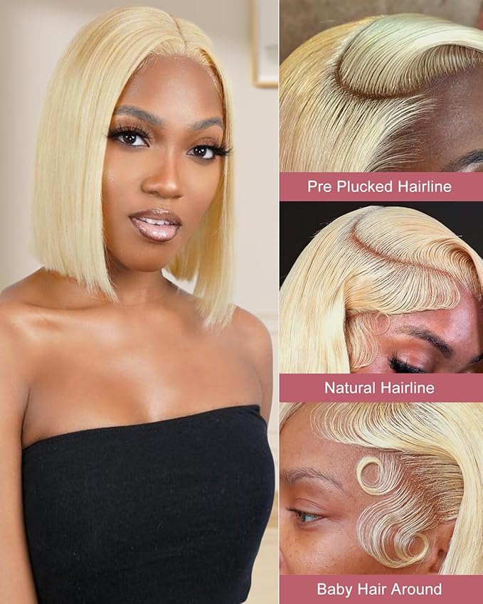 Alididi 613 Blonde Bob Wig Human Hair Straight 13x6 Transparent Lace Front Wigs Human Hair Pre Plucked Glueless Short Bob Wig human hair 180% Density 613 bob wigs for black women 14 Inch
