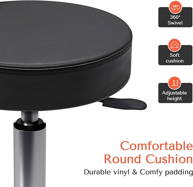 TASALON Rolling Stool - Adjustable Stool with Wheels - Soft Swivel Workbench - Desk Chair for Kitchen, Salon, Spa, Tattoo, Pedicure - Massage Salon Esthetician Chair – Black