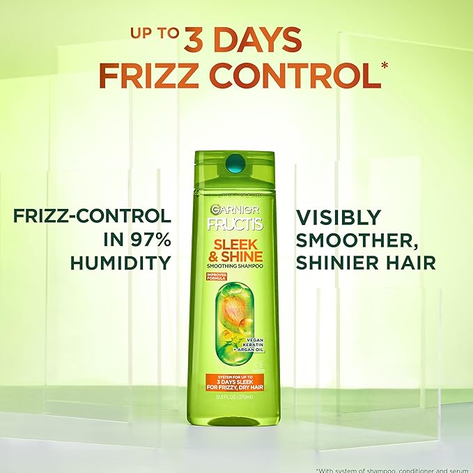 Garnier Fructis Sleek & Shine Shampoo, Conditioner + Leave-In Conditioner Set for Frizzy, Dry Hair, Plant Keratin + Argan Oil (3 Items), 1 Kit (Packaging May Vary)