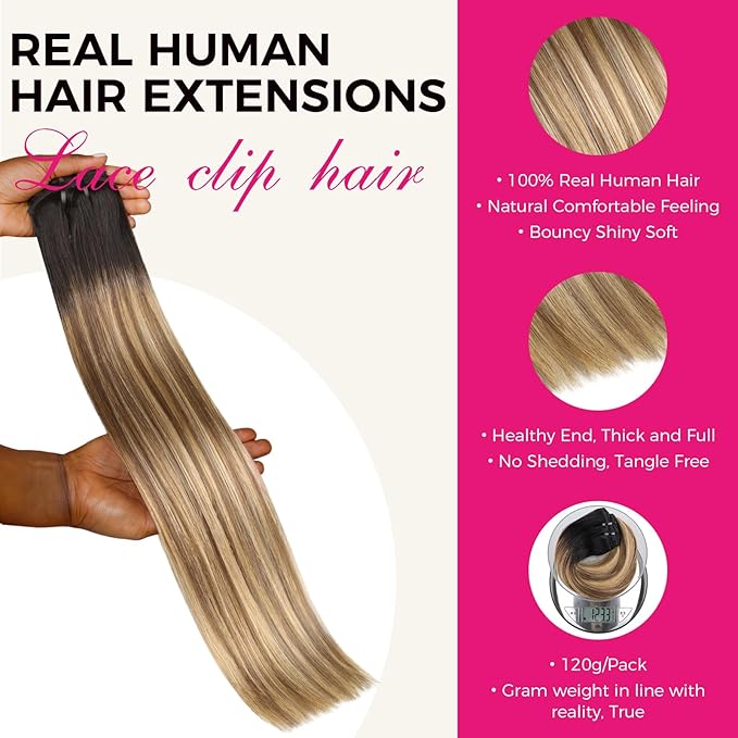 Lashey Clip in Hair Extensions Human Hair Straight 120g 7pcs Classic Clip in Hair Extensions Balayage Ash Brown to Honey Blonde with Dark Root 14 Inch Soft Hair for Women