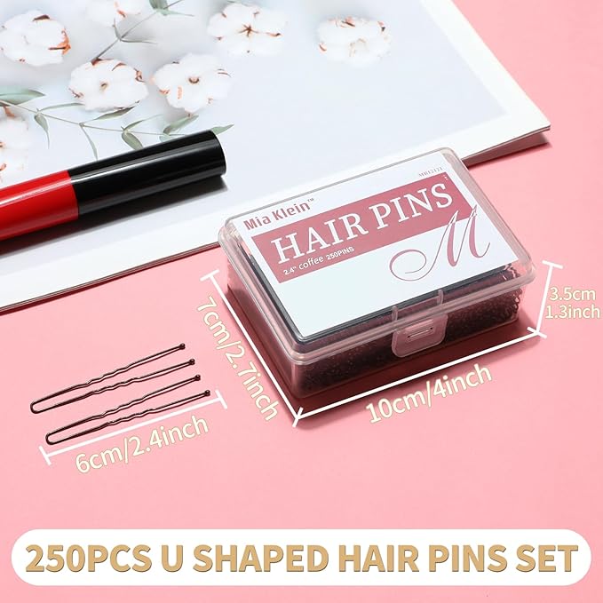 U Shaped Hair Pins 250 PCS, Coffee Brown Hair Pins for Women, Girls, Kids. With Storage Box. Hair Bobby Pins for Hair Updo, Dance, and Wedding