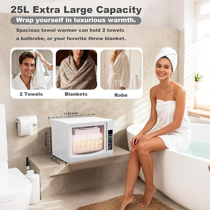 SIXRARI 25L Hot Towel Warmer Cabinet, Wall-Mounted Towel Warmers, Rapid Heating(20/40/60 min), LED Display, Smart Timed Towel Heater for Bathroom, Fits Up to 2 Large Towels, Blankets or Robes(White)