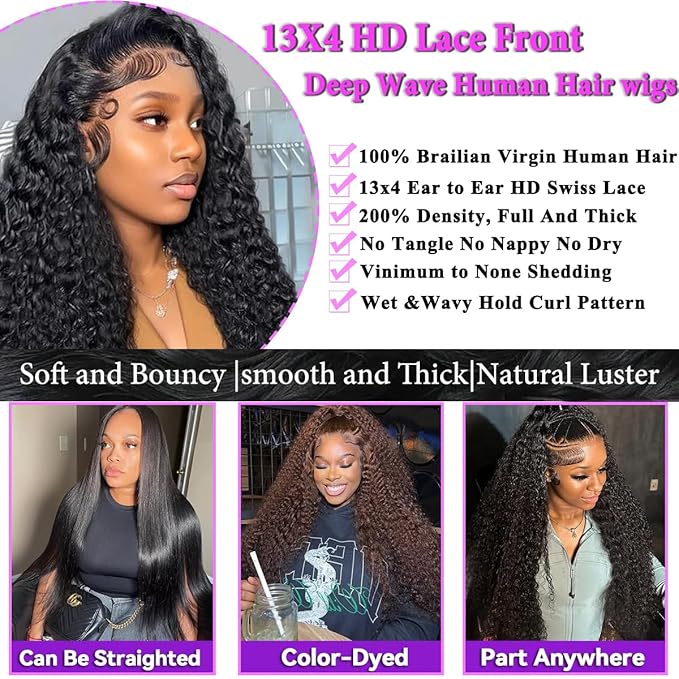 Aomllute 34 Inch Lace Front Wig Human Hair Pre Plucked 200 Density 13x4 HD Deep Wave Lace Frontal Wigs Human Hair with Baby Hair Curly lace front Wigs for Women Natural Black