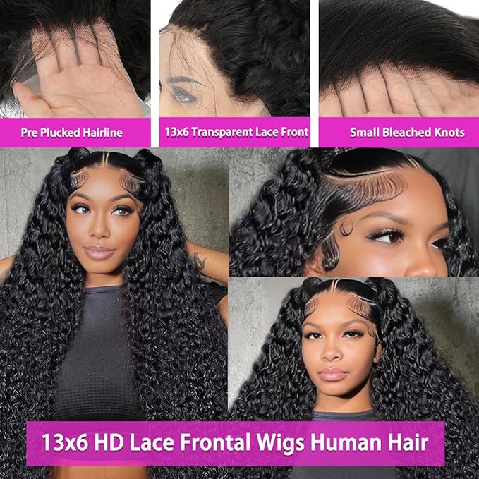 Deep Curly Wig Human Hair 13x6 Deep Wave HD Lace Frontal Wigs for Black Women Human Hair Pre Plucked 210% Density Glueless Wet and Wavy Curly Wig 32Inch
