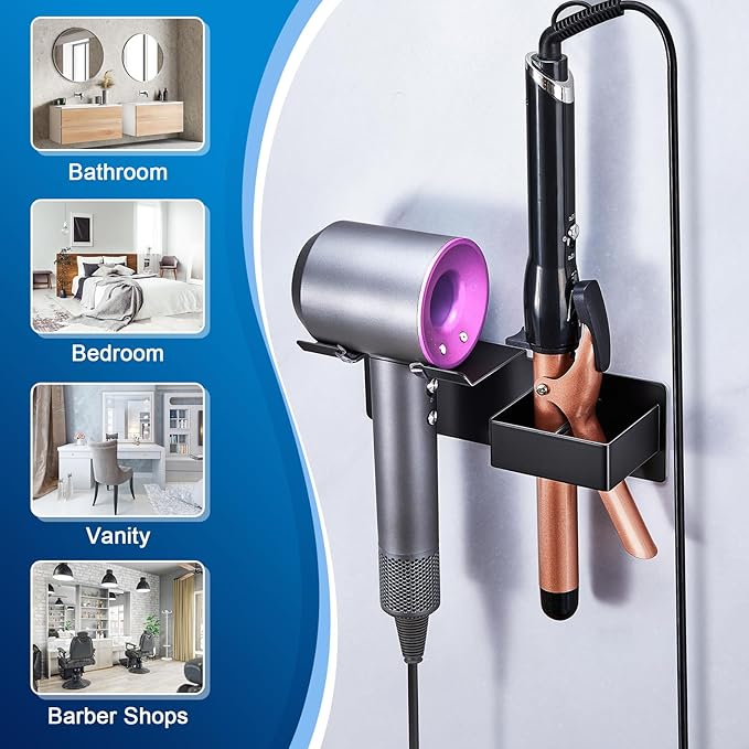 Hair Dryer Holder Wall Mounted, Hair Straightener Holder Metal, Adhesive Blow Dryer and Hair Straightener Holder, Bathroom Bedroom Hair Tool Organizer for Flat Iron,Curling Iron,Hairdryer