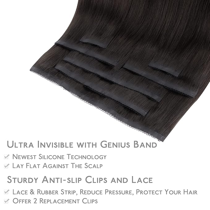 WENNALIFE Lace Seamless Clip in Hair Extensions Human Hair 7pcs Ultra Invisible 50% Thinner Seamless Clip Ins Dark Brown to Chestnut Brown and Dirty Blonde Highlighted Natural Remy Hair 14 inch